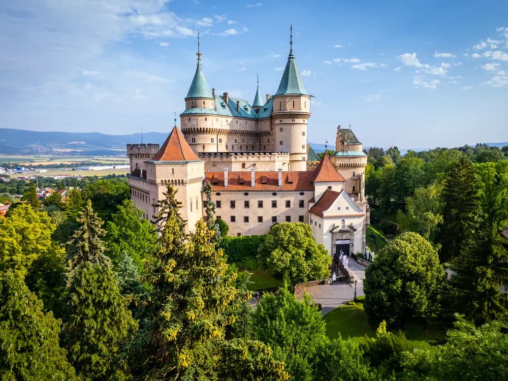 Bojnice Castle romantic Neo-Gothic turrets rising above the thermal spa town in Slovakia