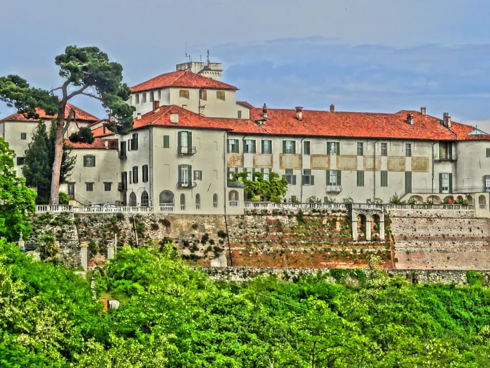 Castello di Masino's medieval towers and Baroque facade above the Canavese plain, Piedmont