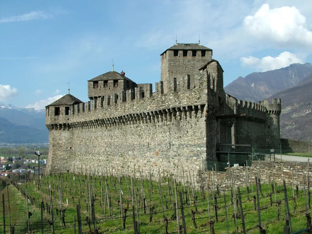 Castello di Montebello's round Venetian towers above Bellinzona, Ticino, Switzerland