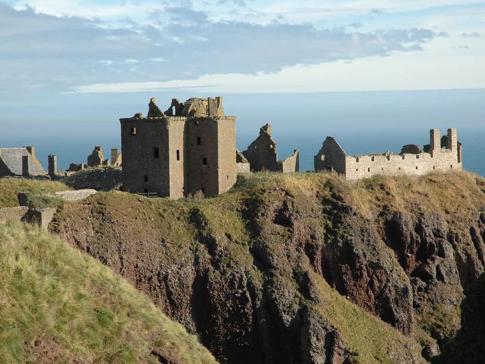 Dunnottar Castle ruins on a 50-metre sea stack above the North Sea in Aberdeenshire, Scotland