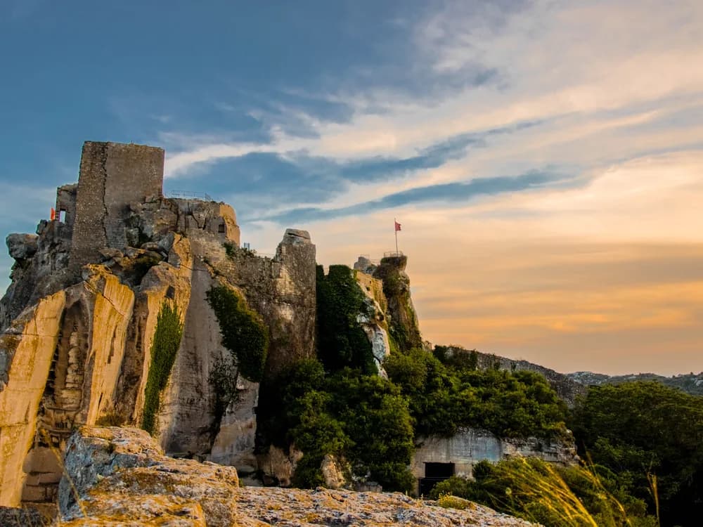 Les Baux-de-Provence castle ruins on a white limestone spur above the Alpilles