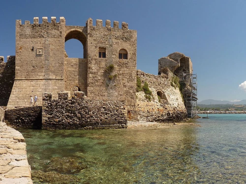 Methoni Castle's Venetian walls and the octagonal Bourtzi tower on its offshore islet in the Ionian Sea, Peloponnese, Greece