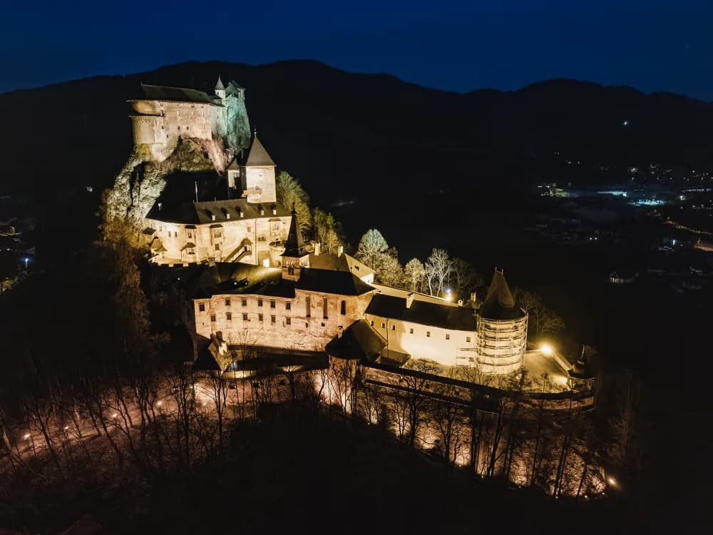 Orava Castle's white walls erupting from a 112-metre dolomite rock above the Orava River, Slovakia