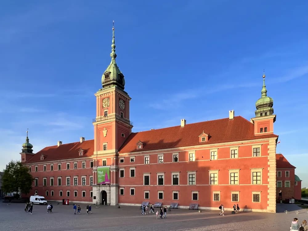 The Royal Castle of Warsaw and its clock tower overlooking Castle Square in the Old Town