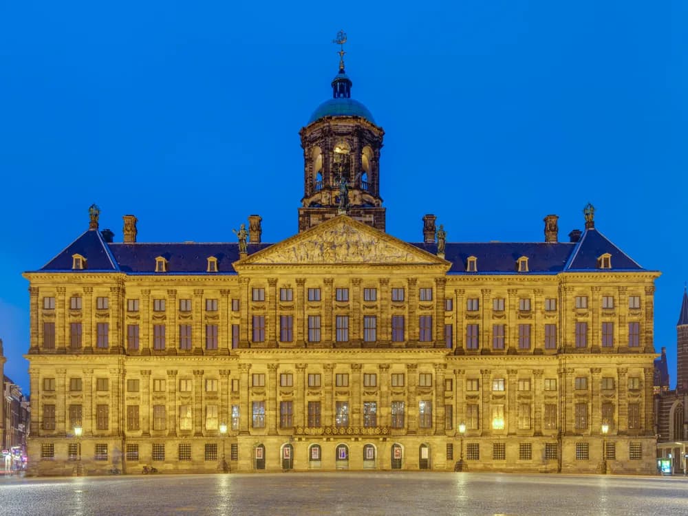 The Royal Palace of Amsterdam's Dutch Classicist facade on Dam Square