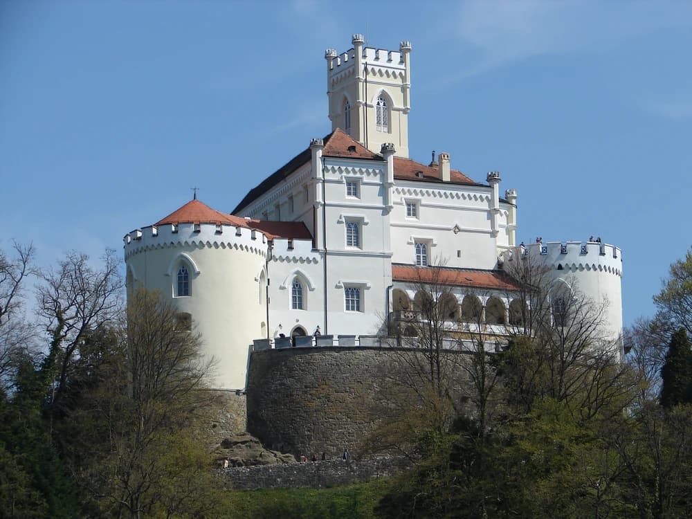 Trakošćan Castle reflected in its artificial lake in the Zagorje hills, Croatia