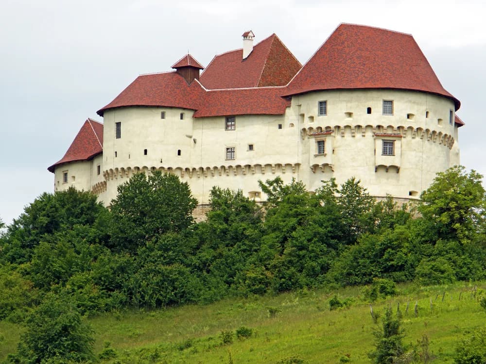 Veliki Tabor Castle's Gothic towers and Renaissance semicircular bastions on a Zagorje hilltop, Croatia