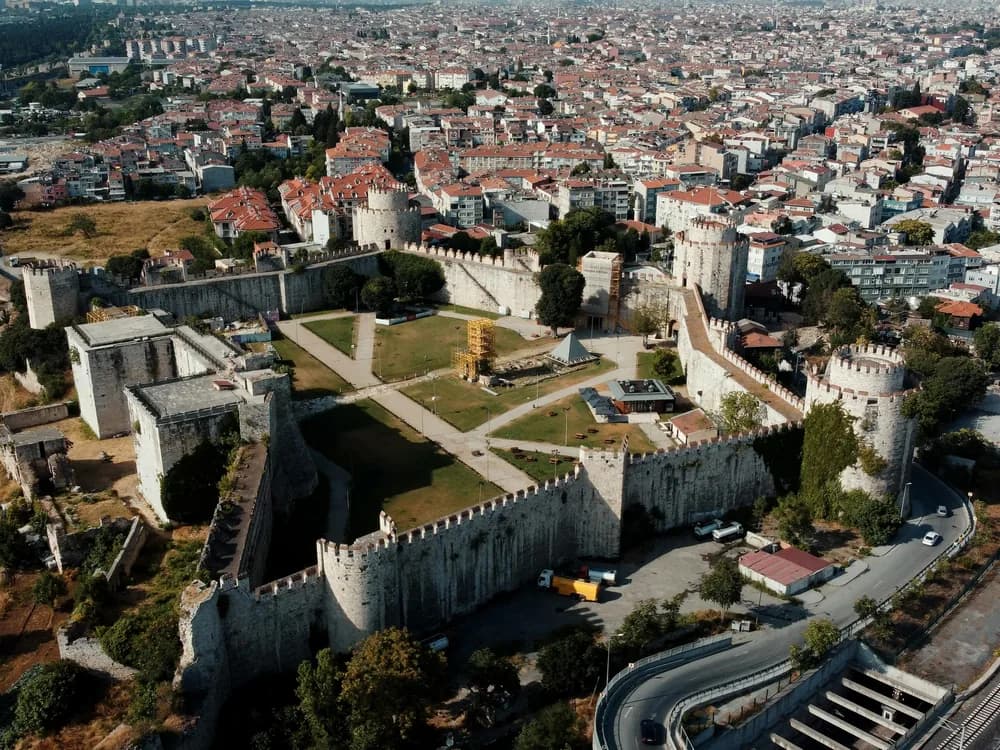 Yedikule Fortress towers and Byzantine walls above the Sea of Marmara in Istanbul