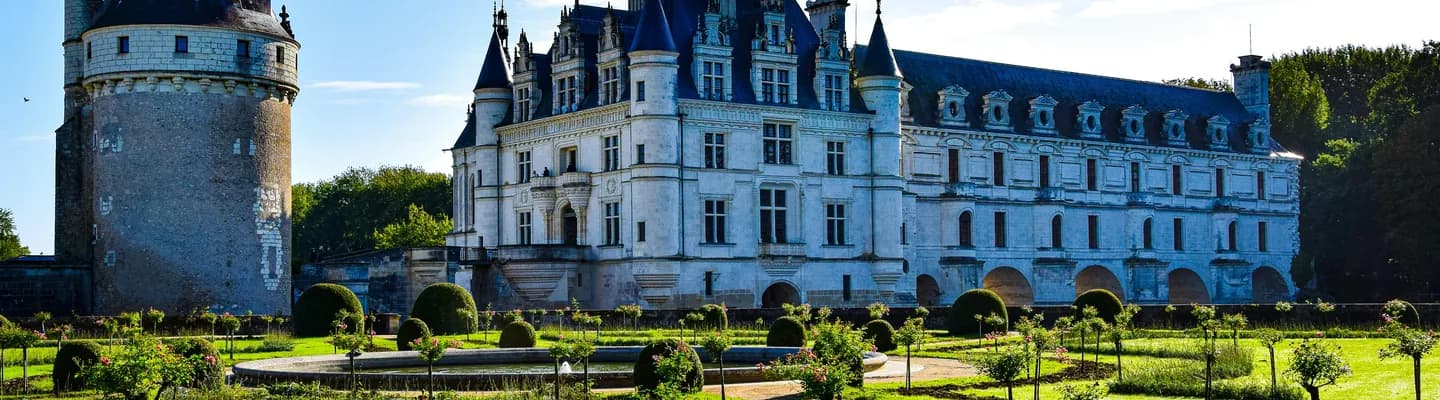 The Loire river at dawn with mist rising from the water and a château silhouetted against the early light