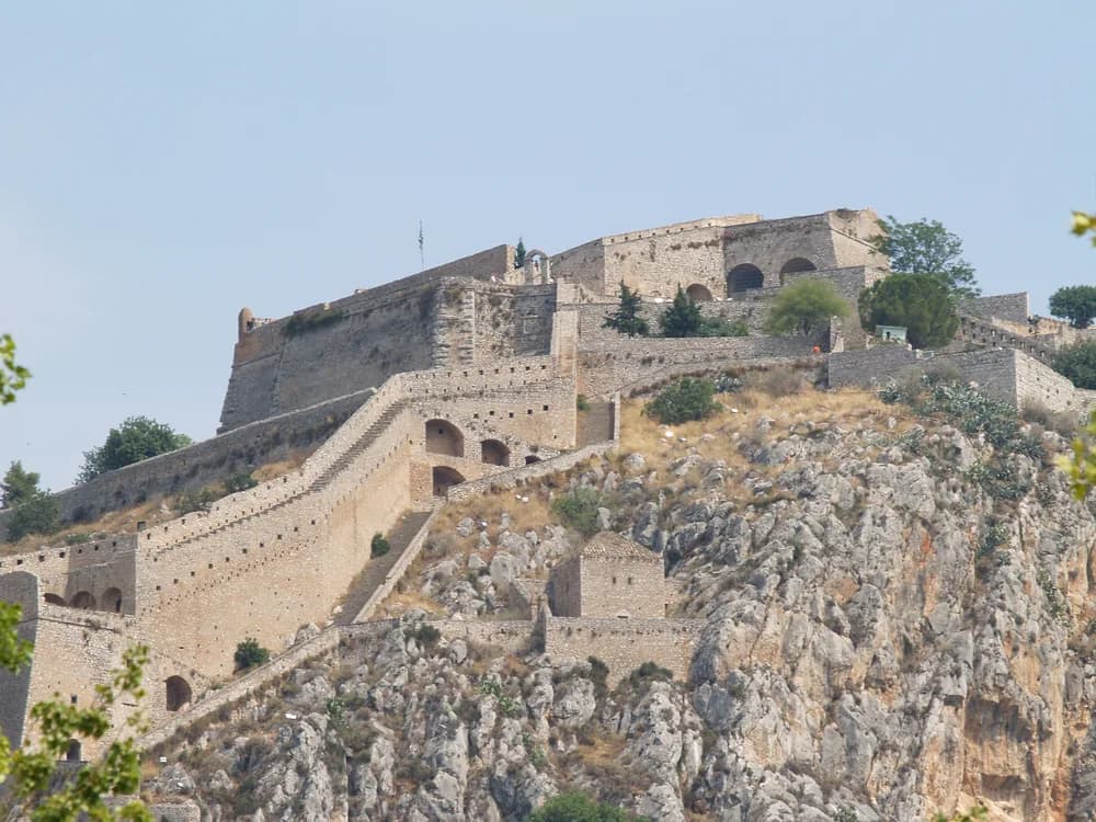 Palamidi Venetian fortress on its 216-metre cliff above the town of Nafplio and the Argolic Gulf, Greece