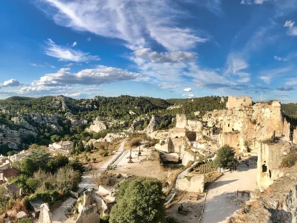 Les Baux-de-Provence fortress ruins on their white limestone spur in the Alpilles