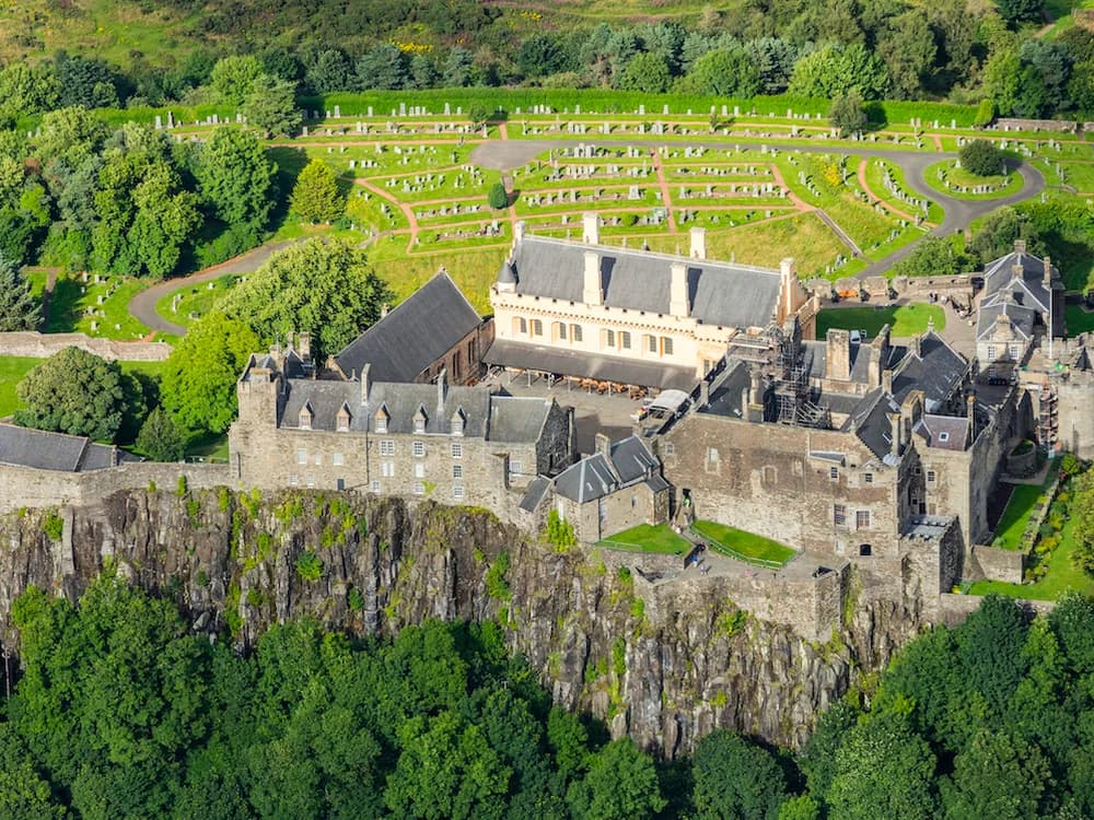 Stirling Castle perched on volcanic rock above the Scottish lowlands