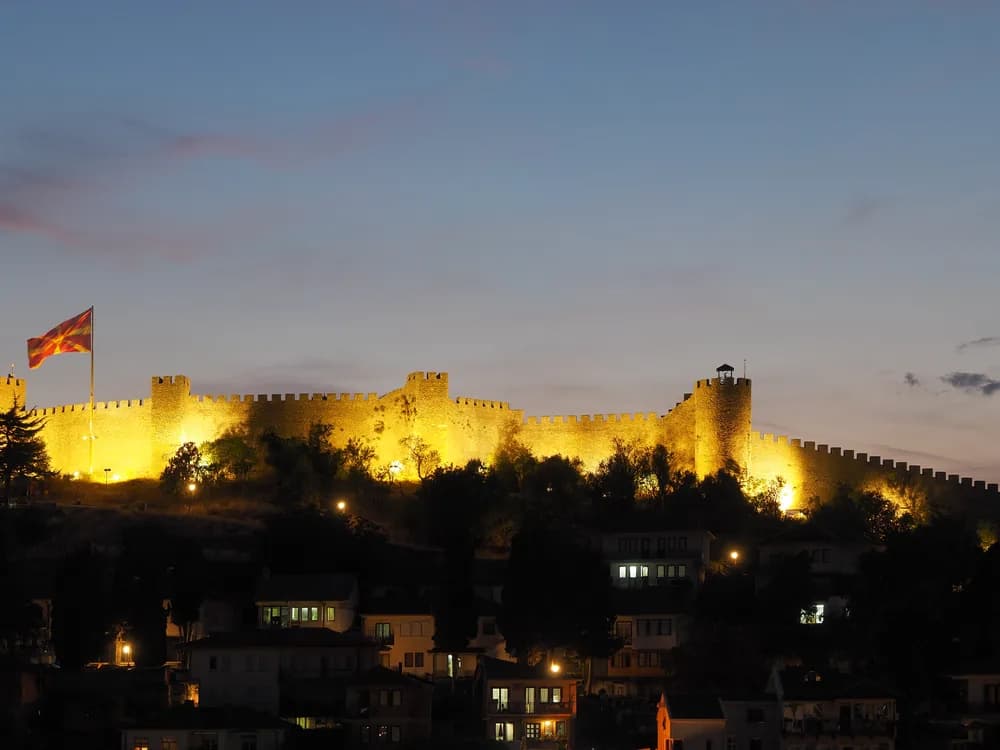 Samuel's Fortress above Ohrid old town and the deep blue of Lake Ohrid, North Macedonia