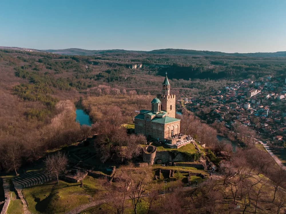 Tsarevets Fortress crowning its hill above the Yantra River gorge, Veliko Tarnovo